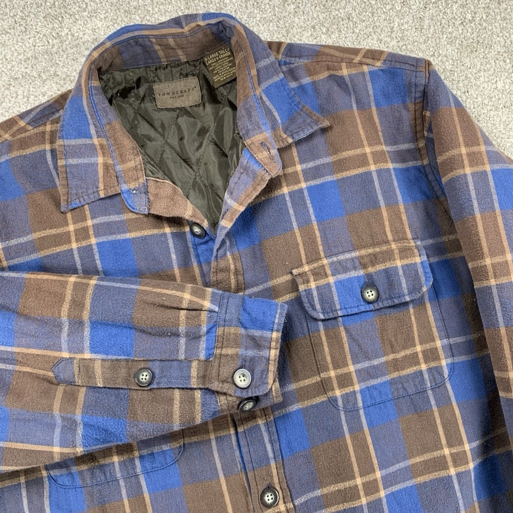 Towncraft Shirt Jacket Mens XLT Blue Brown Plaid Flannel Quilted Lined Shacket